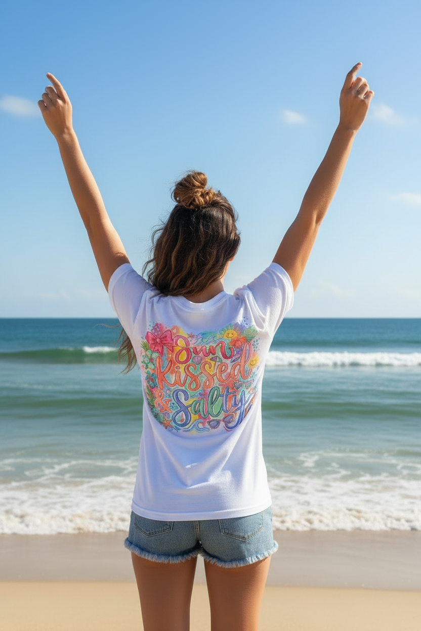 Woman on beach with arms raised showing back of Sun Kissed & Salty white t-shirt