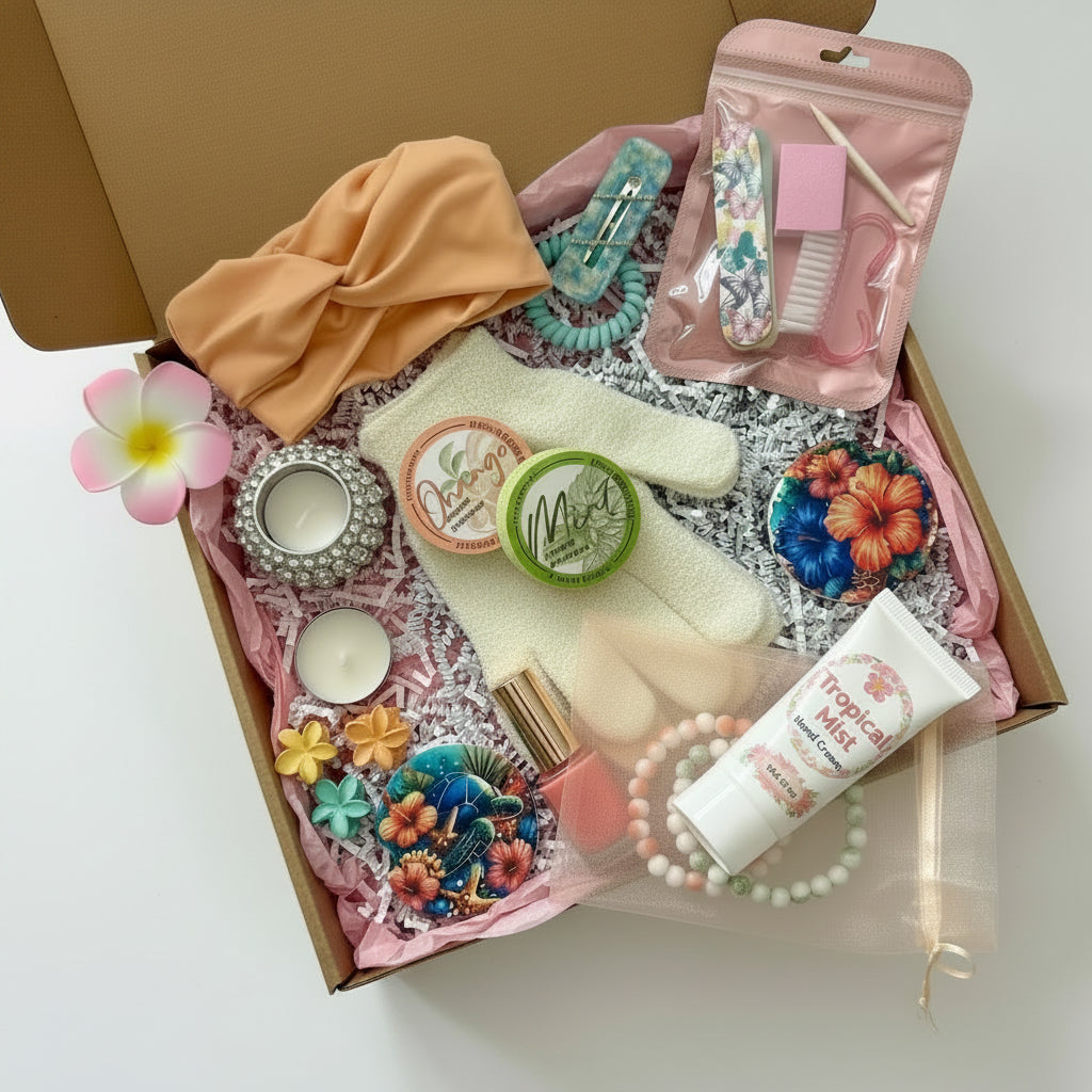 Collection of beauty and self-care products including Shower gloves, hair accessories, and candles on a light surface.