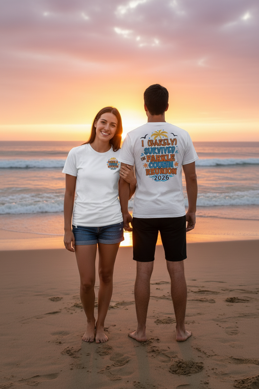 Man and woman wearing Farkle Cousin Reunion 2026 t-shirts on a sunset beach