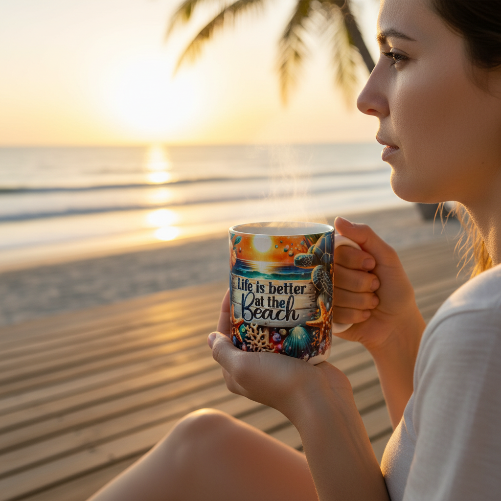 Person enjoying coffee from a Life is Better at the Beach ceramic mug on a beach deck at sunrise