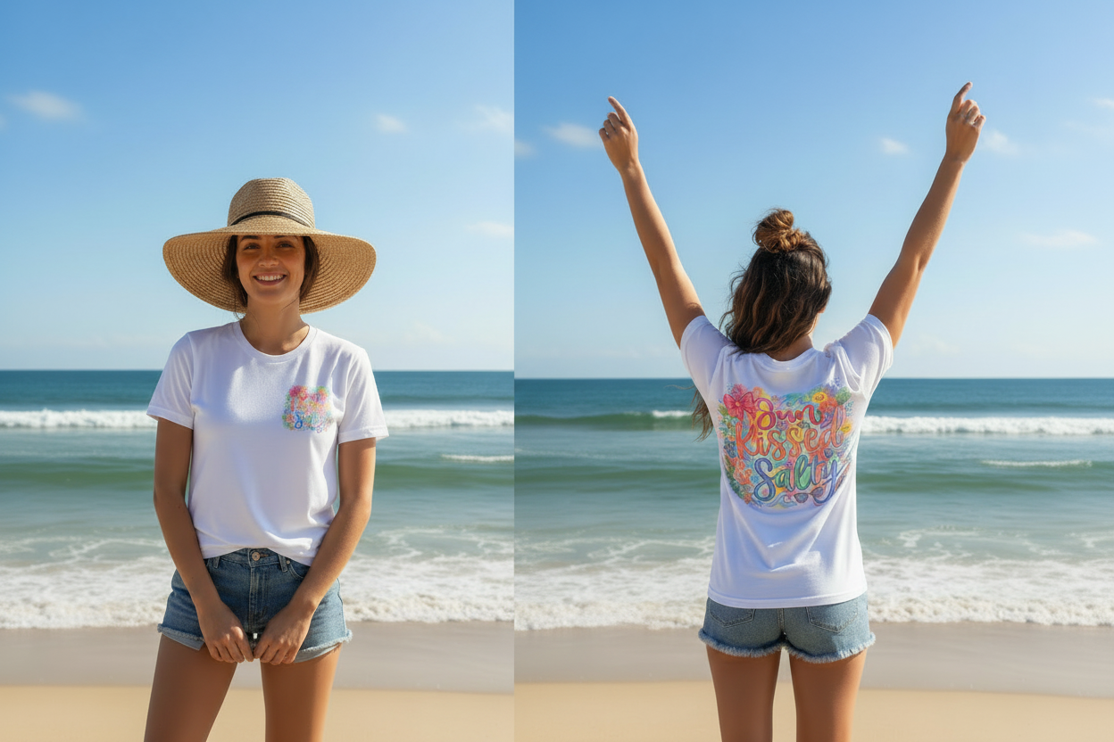 Woman on beach wearing Sun Kissed & Salty white t-shirt, front and back view